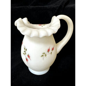 FENTON Art Glass Pitcher Ruffled Rose Satin Handpainted J Watson 7"